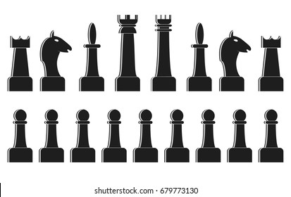 Set of black silhouettes of chess. The intellectual game. The king and Queen. Rook, horse and eight pawns. Chessman. Checkmate. Vector illustration.