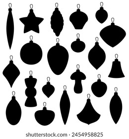 Set of black silhouettes Christmas tree decorations. Collection of xmas decorative elements, vector illustration