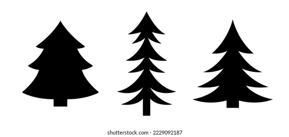 Set of black silhouettes of Christmas trees. Fir tree icons isolated. Vector illustration