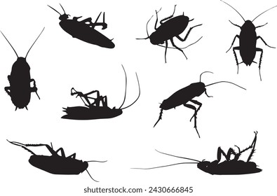 Set of black silhouettes of cockroach in different poses isolated on white background. Insect. Walks, died, top view. Vector realistic illustrations