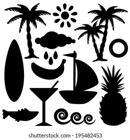 Set black silhouettes coconut palms trees, pineapple, banana, sun, cloud, waves, surf board, yacht, fish, cocktail martini glass isolated. Icons. Abstract design logo. Logo art - vector