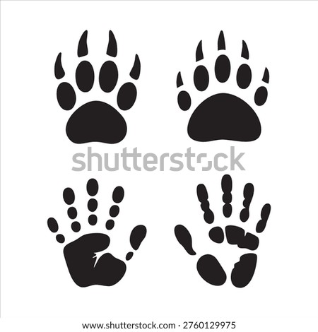 Set of black silhouettes contrasting wildlife predator claw marks with human palm and finger imprints vector