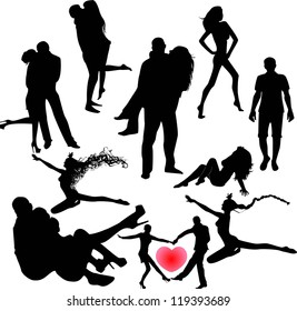 set of black silhouettes of couples, girls and guys