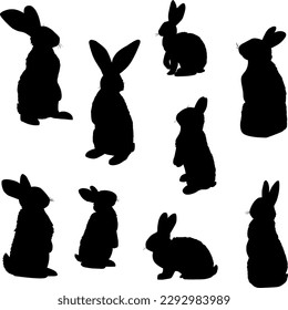 set of black silhouettes of cute rabbits, hares, vector clipart, element for design