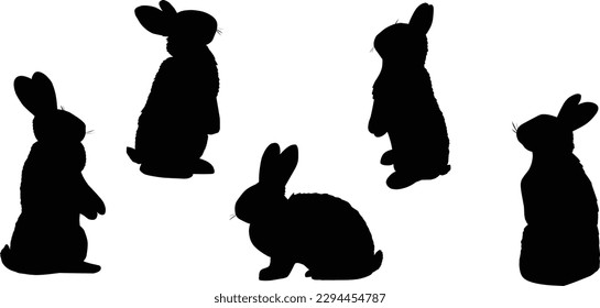 set of black silhouettes of cute rabbits, hares, vector clipart, element for design	
