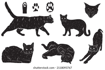 Set of black silhouettes of cute realistic kittens or cats standing, walking sitting or walking vector Illustrations on a white background.