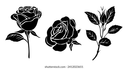 Set of black silhouettes of decorative fresh rose.