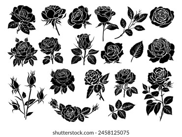 Conjunto de siluetas negras de rosa fresca decorativa con vapor y hojas. Icono de flor dibujado a mano. Ilustraciones monocromas de Vector aisladas sobre fondo blanco. Hecho a mano, no AI