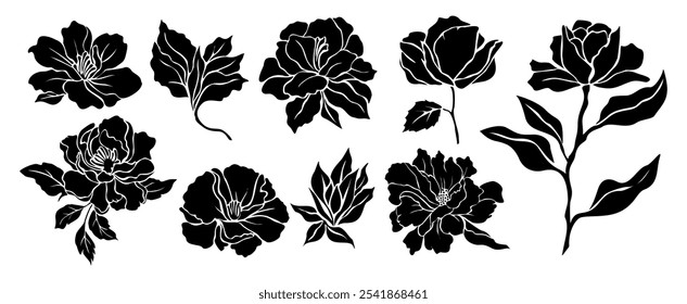 Set of black silhouettes of decorative fresh blossoming peony with steam and leaves. Hand drawn outline flower icon. Vector monochrome illustrations isolated on white background.