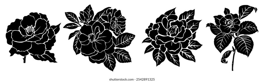 Set of black silhouettes of decorative fresh blossoming camelia flowers with steam and leaves. Hand drawn outline flower icon. Vector monochrome illustrations isolated on white background.