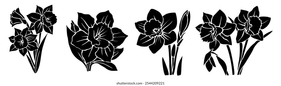 Conjunto de siluetas negras de Narciso decorativo en flor con vapor y hojas. Icono de flor de contorno dibujado a mano. Ilustraciones monocromáticas de Vector aisladas sobre fondo blanco.