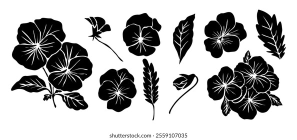 Set of black silhouettes of decorative fresh blossoming pansies with steam and leaves. Hand drawn outline flower icon. Vector monochrome illustrations isolated on white background.