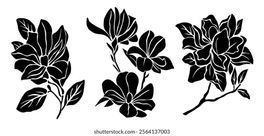 Set of Black silhouettes of decorative fresh blossoming magnolia branch with leaves and flowers. Hand drawn outline flower icon. Vector monochrome illustration isolated on white background