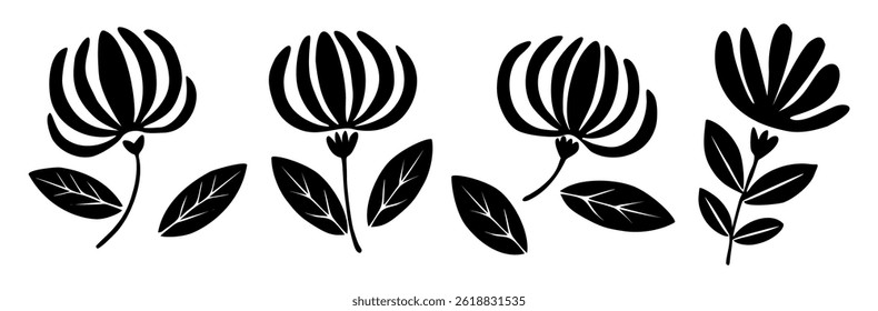 Set of black silhouettes of decorative fresh blossoming Honeysuckle flowers with steam and leaves. Hand drawn outline flower icon. Vector monochrome illustrations isolated on white background.