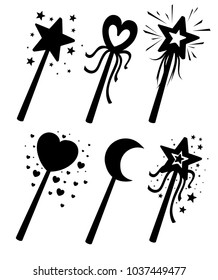 Set of black silhouettes. Decorative magic wands in various shapes. Magical girl cartoon power concept. Vector illustration isolated on white background. Web site page and mobile app design