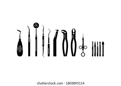 Set of black silhouettes of dentistry tools. Tools for oral examination, treatment, and tooth extraction. Medical icon set. Vector.