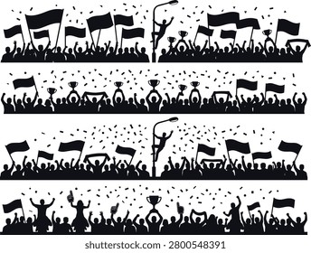 A set of black silhouettes depicting crowds of people cheering, waving flags, and celebrating with confetti and trophies in a celebratory atmosphere.