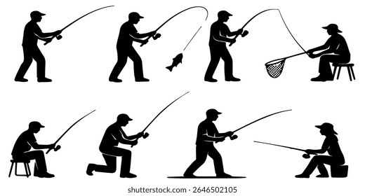 Set of black silhouettes depicting individuals fishing, casting lines, and catching fish. Illustrates recreational fishing, active lifestyles, and outdoor activities with simple