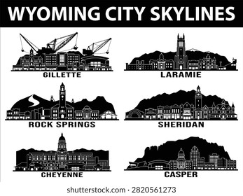 A set of black silhouettes depicting skylines of Cheyenne, Casper, Laramie, Gillette, Rock Springs, and Sheridan in Wyoming.
