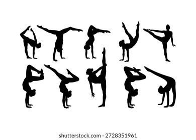 Eine Reihe schwarzer Silhouetten, die verschiedene Yoga-Posen für Bewegung und Meditation darstellen