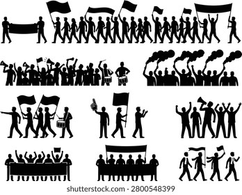 A set of black silhouettes depicting various protest and demonstration scenes with people holding flags, banners, and smoke bombs on isolated white background