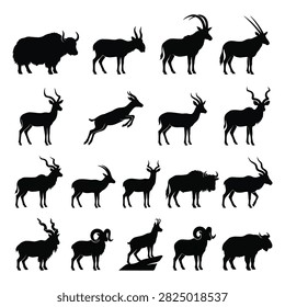 A set of black silhouettes depicting various African antelope and horned mammals against a plain white backdrop.