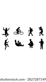 A set of black silhouettes depicting various human activities including jumping, cycling, hiking, photography, climbing, reading, crouching, and standing.