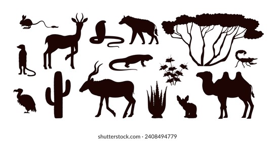 Conjunto de siluetas negras de animales desérticos de estilo plano, ilustración vectorial aislada en fondo blanco. Sencilla colección de elementos decorativos, serpiente, fennec y camello, plantas