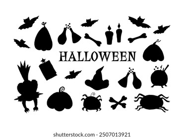 Set of black silhouettes for design: spiders, pumpkins, potion, spell book, cat, hat, bones, candles, bats. Vector halloween illustration, icons