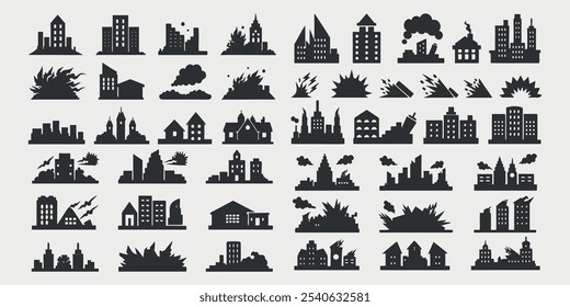 conjunto de silhuetas pretas edifício destruído