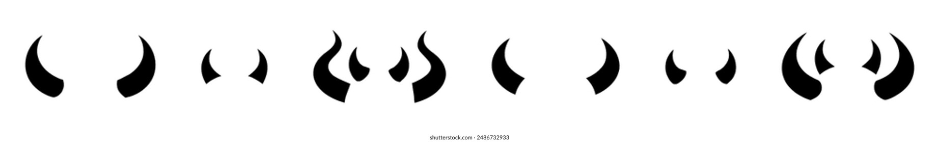 Set of Black silhouettes of devil horns with curved shape design. Demon Horns. Halloween, evil, fantasy, spooky, horror concept. Isolated on white background. Print, design element.