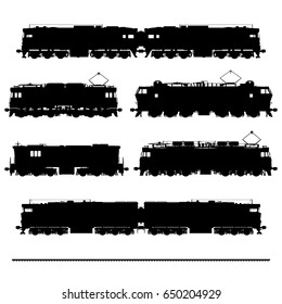 Set of black silhouettes of diesel and electric locomotives with details