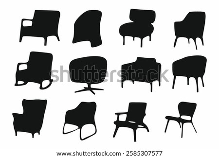 Set of black silhouettes of different armchairs, chairs, office and home furniture icons, interior design elements. Hand drawn flat vector illustrations isolated on white background
