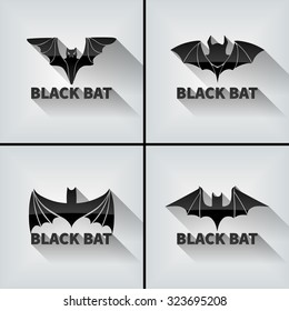 Set of black silhouettes of different bats in flat graphic style with shadows. Design elements for Halloween, for tattoo. Frames, labels, icons and stickers. Vector.