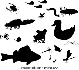 Set of black silhouettes of different cartoon animals living in pond isolated on white background