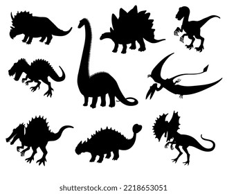 Set of black silhouettes of different dinosaurs flat style, vector illustration isolated on white background. Predators and herbivores, ancient creatures, design elements