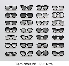 Set Of Black Silhouettes Of Different Eyeglasses. Flat Design. Vector Illustration. Isolated On White Background.