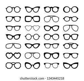 Set Of Black Silhouettes Of Different Eyeglasses. Flat Design. Vector Illustration. Isolated On White Background.