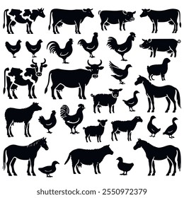 Set of black silhouettes different farm animals, cows, horses, chickens, roosters, pigs, sheep, ducks and geese on white background. Vector isolated collection. Black and white design.