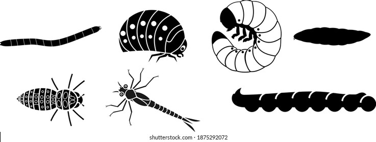 Set of black silhouettes of different larvae of insects isolated on white background