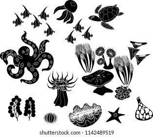 Set of black silhouettes of different marine animals