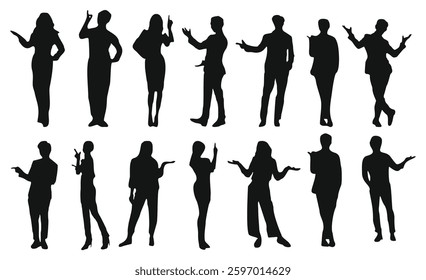 Set of black silhouettes of different people, men and women standing full length and pointing to the side and up with fingers and arms. Flat vector illustration isolated on white background