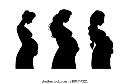 Set of black silhouettes of different pregnant women side view. Outline of a mommy expecting the birth of a baby, vector illustration isolated on a white background.