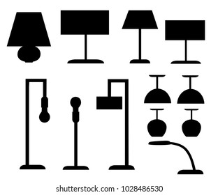 Set of black silhouettes different types of lamp floor and table lamps vector illustration isolated on white background web site page and mobile app design.