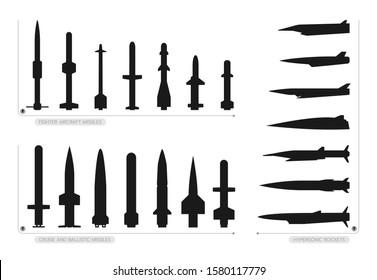 The set of black silhouettes of different types of missiles there are fighter aircraft missiles, cruise missiles, ballistic missiles, and hypersonic rockets that are isolated on a white background.