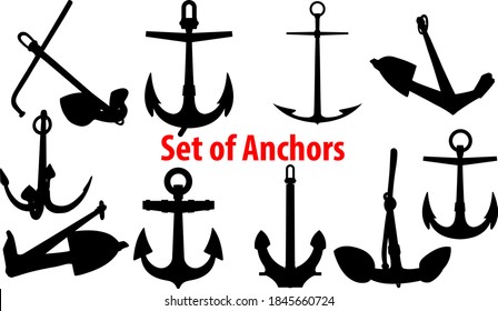 set of black silhouettes of different types of anchors