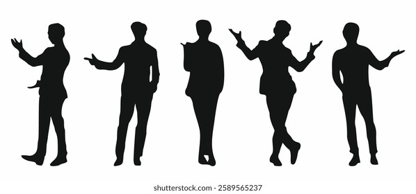 Set of black silhouettes of different women standing full length and pointing to the side and up with fingers and arms. Flat vector illustration isolated on white background