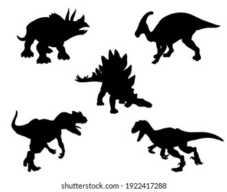 Satz von schwarzen Silhouetten von Dinosauriern einzeln auf Weiß. Stegosaurus, Alosaurus, Raptor, Triceratops, Hadrosaurus,