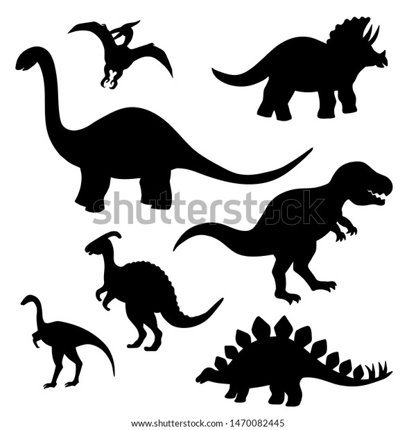 白い背景に恐竜の黒いシルエット ステゴサウルス トリケラトプス ティラノサウルス ブロントサウルス プテロダクティルなど のベクター画像素材 ロイヤリティフリー