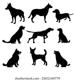 Set of black silhouettes of a dog, vector, isolated collection. Dogs group standing or sitting of different breed. Dog breeds silhouettes, simple style clipart. Companion and toy dogs collection